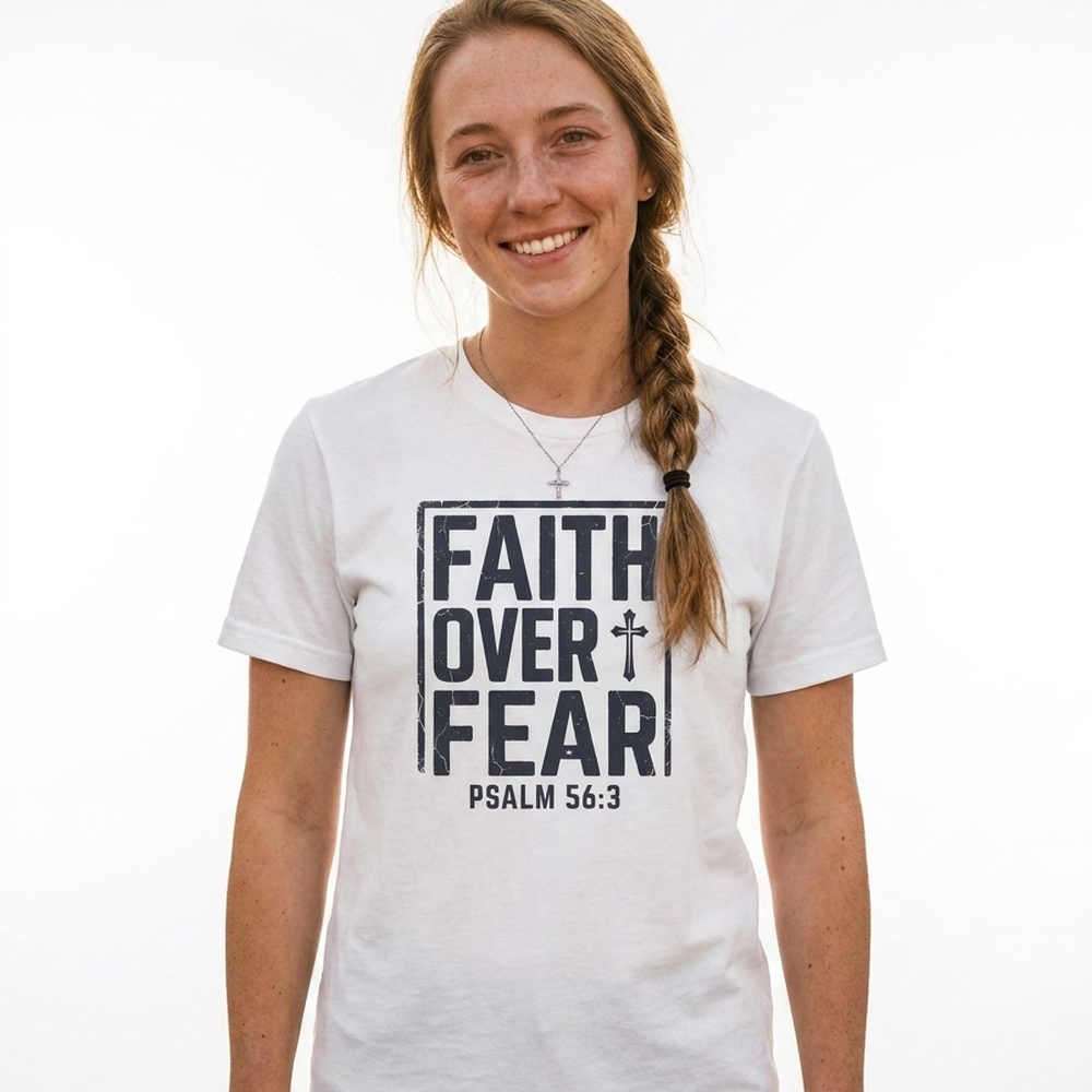 Faith Over Fear t-shirt worn by a model
