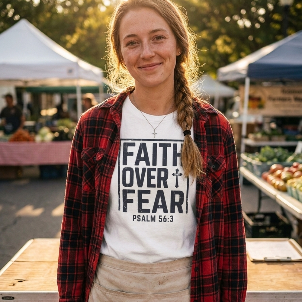 Woman at a farmers market wearing the Faith Over Fear t-shirt
