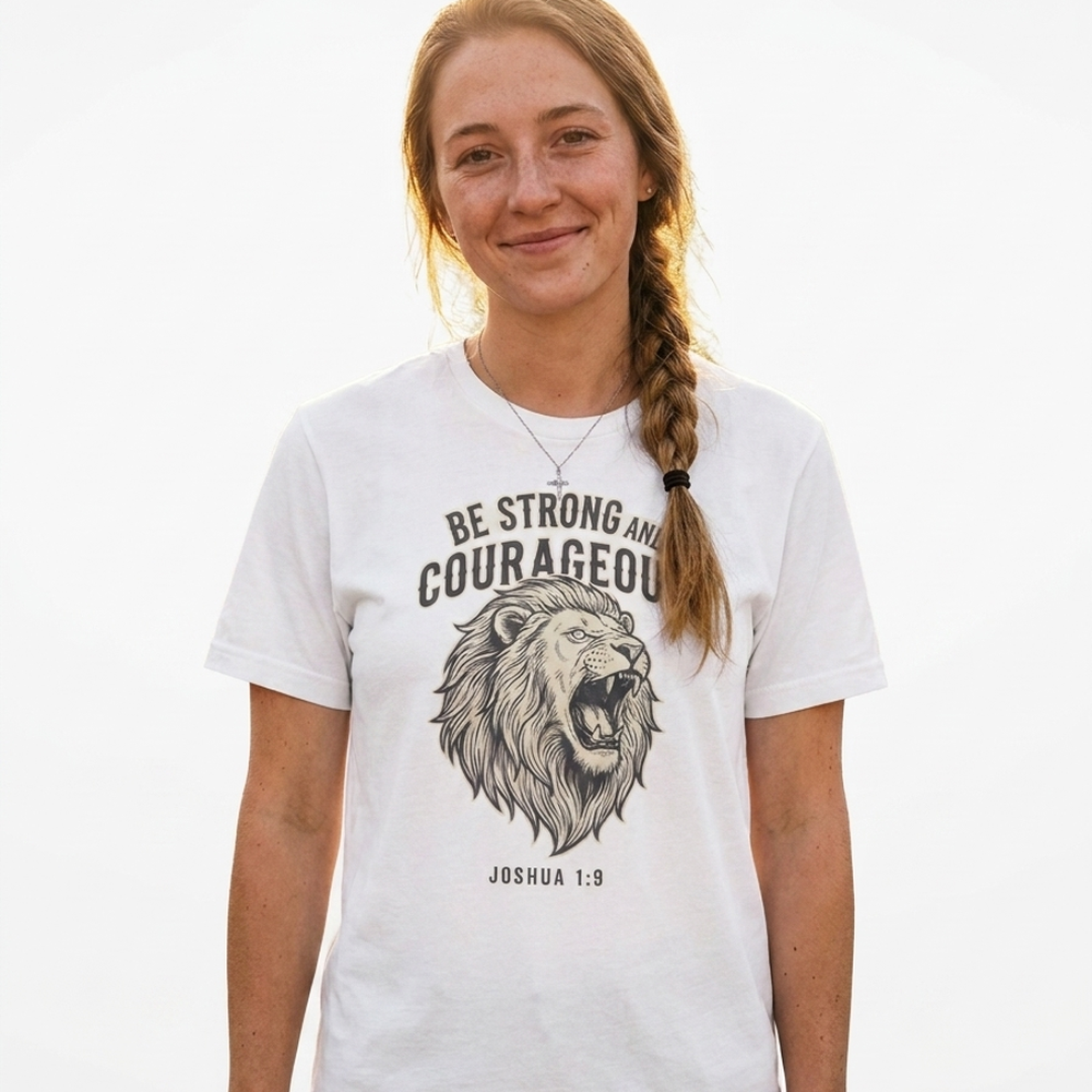 Be Strong & Courageous t-shirt worn by a model